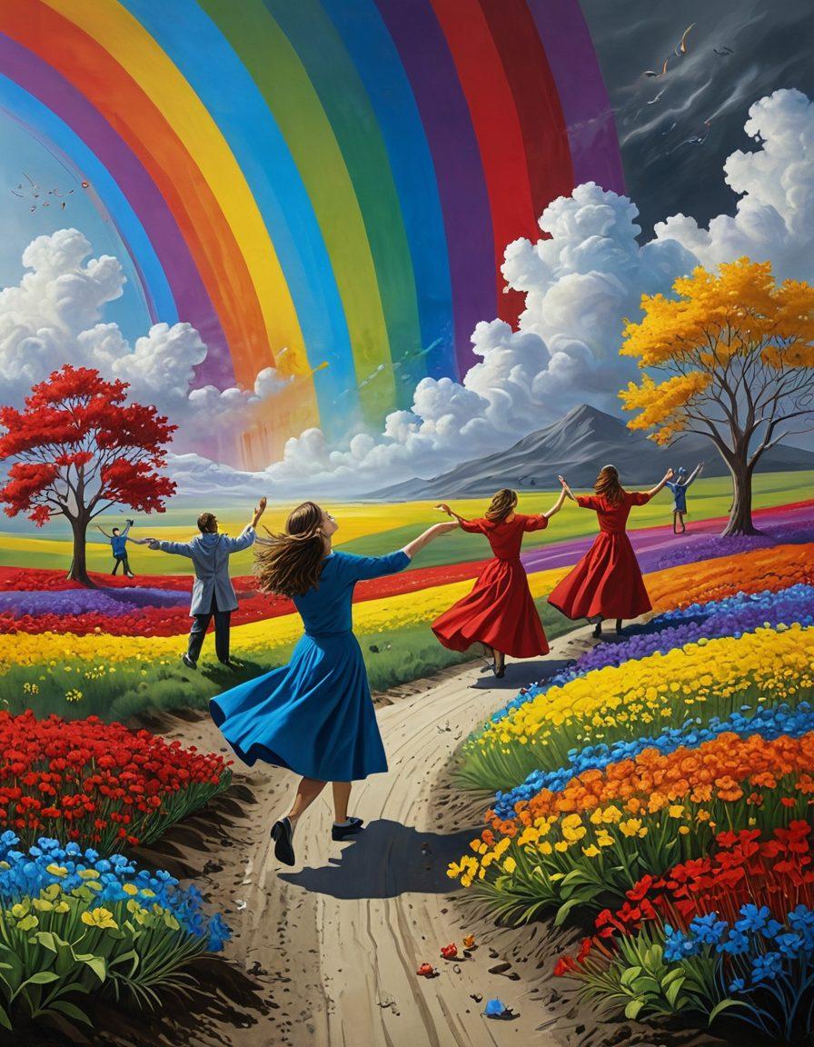 A vibrant and whimsical scene depicting a rainbow breaking through a gray, monochrome landscape, where people are engaging joyfully in colorful activities like painting, dancing, and playing music. The contrast between the muted tones of the background and the vivid splashes of color symbolizes the art of cheerfulness. Include elements like blooming flowers and cheerful sunbeams radiating warmth. surrealistic. vibrant colors.