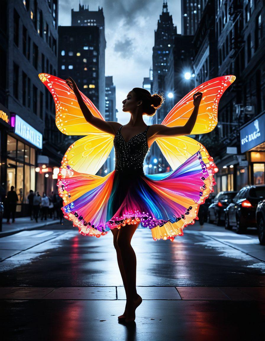 A whimsical scene depicting a vibrant figure dancing joyfully amidst a grayscale urban landscape, with vivid flowers and colorful butterflies contrasting the black and white surroundings. The figure radiates positivity, with a glowing aura that brightens the shadowy corners. A soft, ethereal light streams from above, symbolizing hope and cheerfulness. whimsical. vibrant colors. super-realistic.