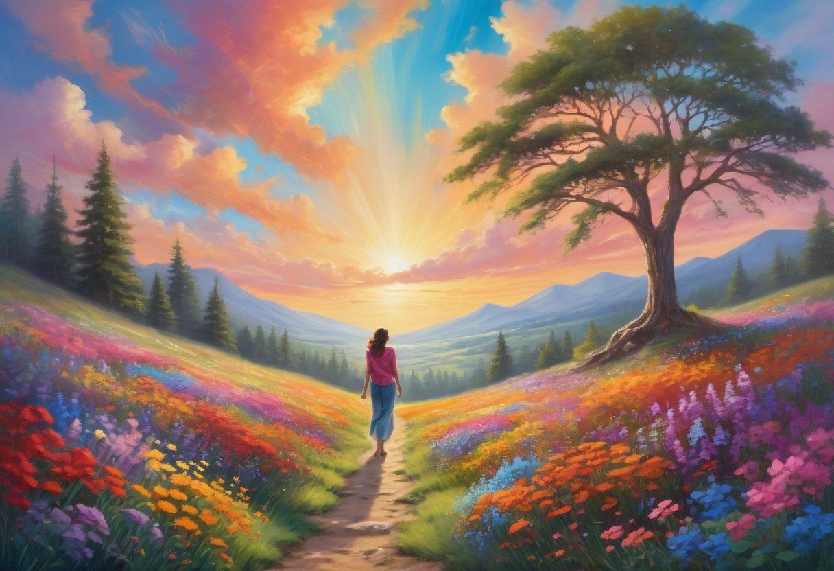 A whimsical scene depicting a person standing on a vibrant hill, bathed in golden sunlight, surrounded by colorful flowers. In the background, gentle shadows of tall trees symbolize challenges, while the foreground bursts with joy through laughter and uplifted spirits. Soft, ethereal clouds float above, radiating warmth and hope. The overall ambiance exudes positivity and resilience. bright colors. painting.